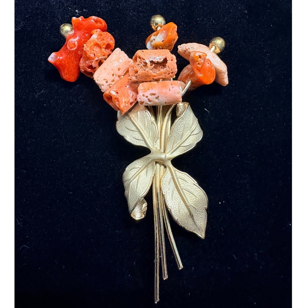 Vintage Gold Tone Raw Branch Coral Floral Bouquet Brooch Pin Orange Salmon